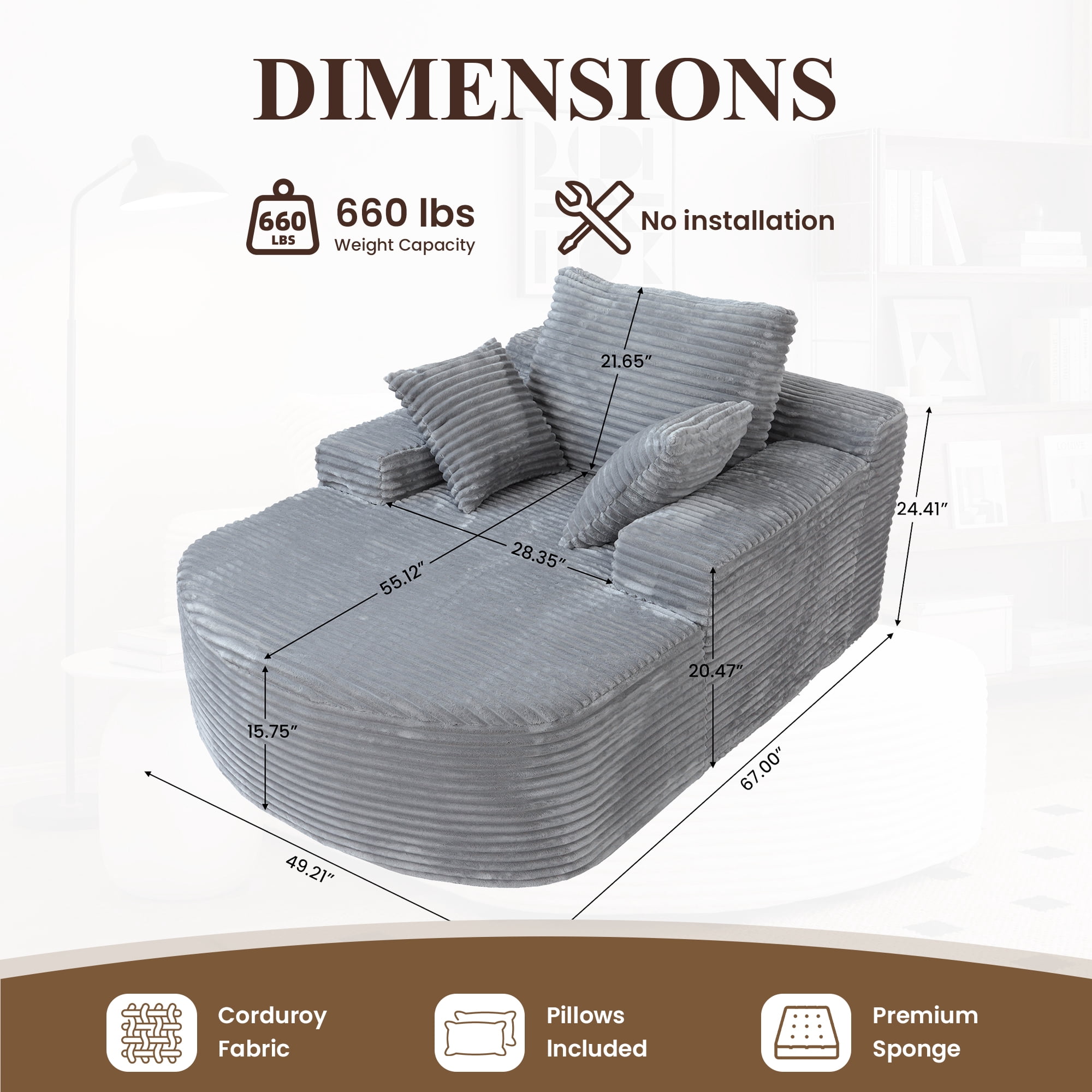 Sdorens 67" Chaise Lounge Chair Indoor,Oversized Corduroy Upholstered Boneless Sofa Bed,Deep Seat Sleeper Couch Reading Chairs Cloud Sofas Couches for Living Room, No Assembly Required (Light Grey)