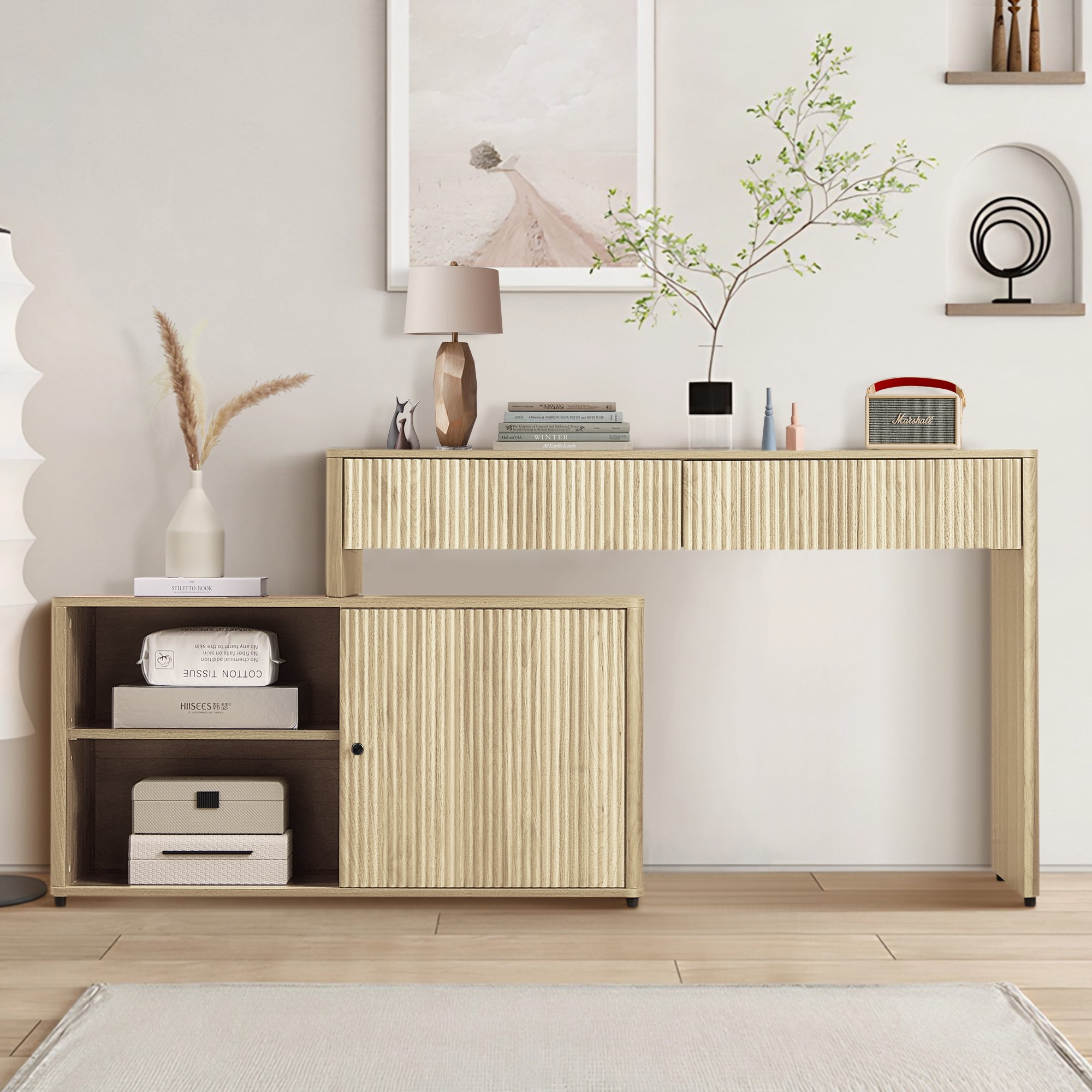Wirrytor Modern L Shaped Desk with Storage, Corner Computer Desk with 2 Drawers and Sliding Door Cabinet, Home Office Desk for Small Spaces and Study Room, Sturdy Oak Finish Workstation