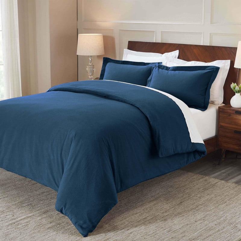 Superior Cotton Flannel Solid Duvet Cover Set, King/California King, Navy Blue
