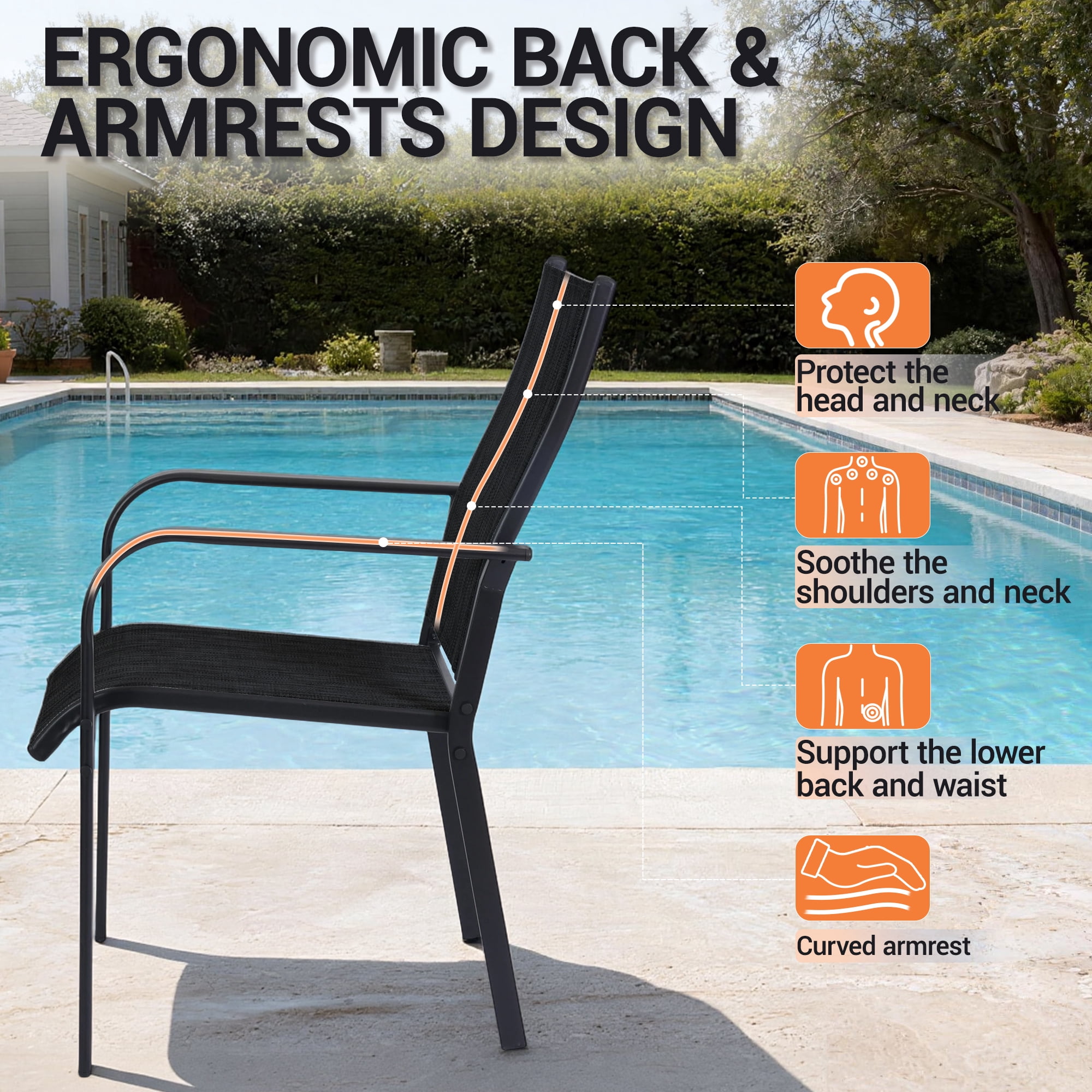 DELMANGO Patio Chairs Set of 8, Outdoor Dining Chairs High Back, All-Weather Padded Textilene Dining Chair for Lawn Porch Garden,Black
