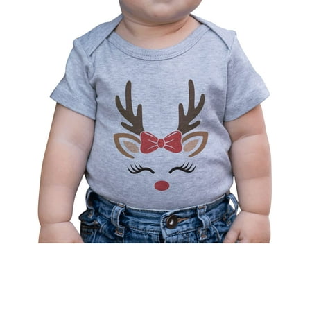 

7 ate 9 Apparel Kids Merry Christmas Shirts - Reindeer with Bow - Grey Onepiece 0-3 Months