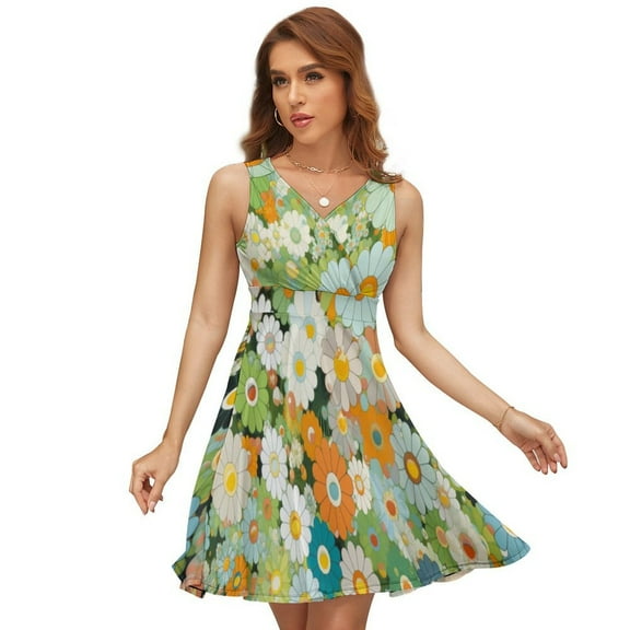 Sage Green Colorful Flower Women's Tank Dress V Neck Sleeveless Summer Sundress