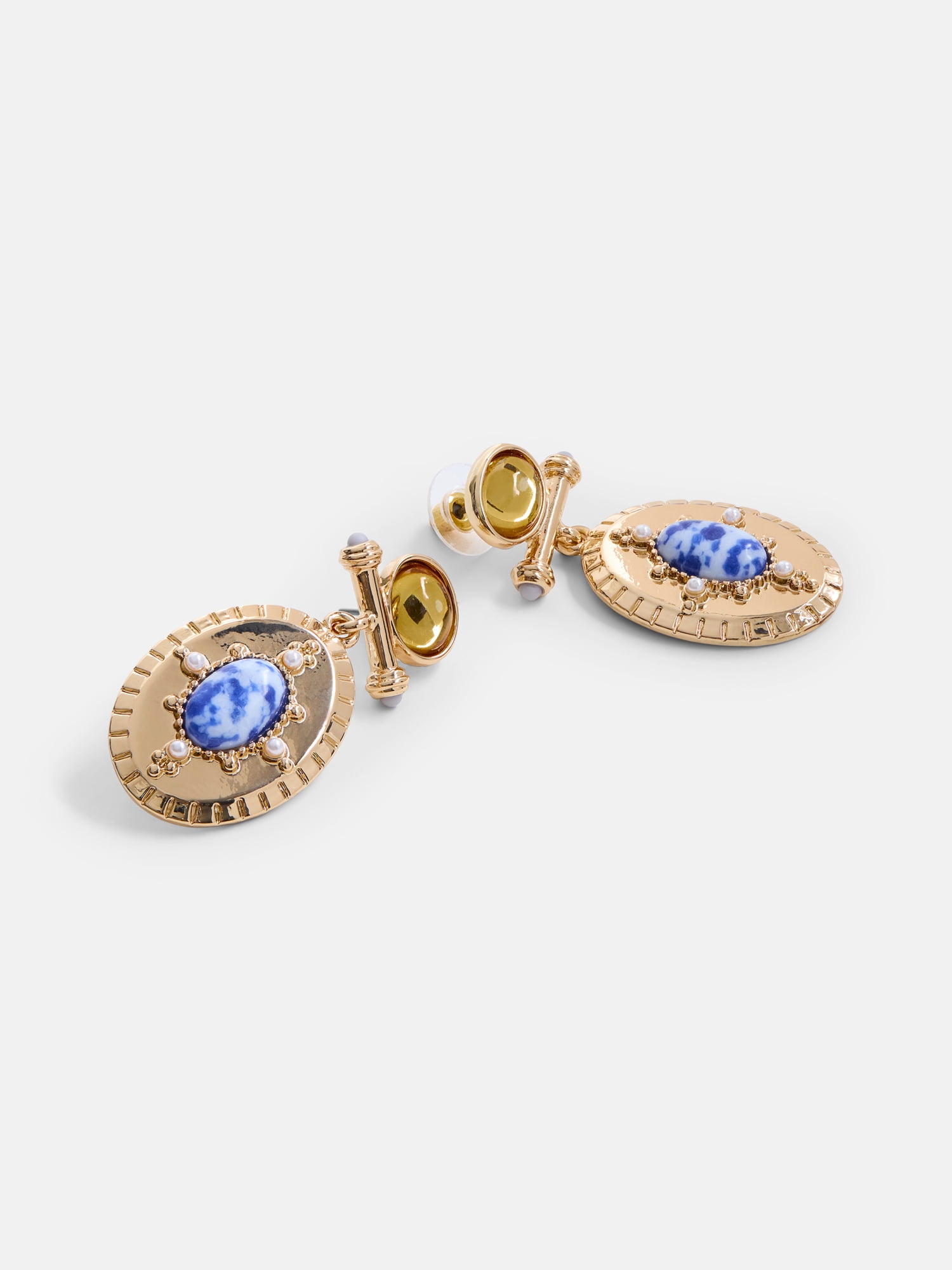Scenario Women's Gold-Tone Bar Drop Earrings with Oval and Faux Sodalite Stones