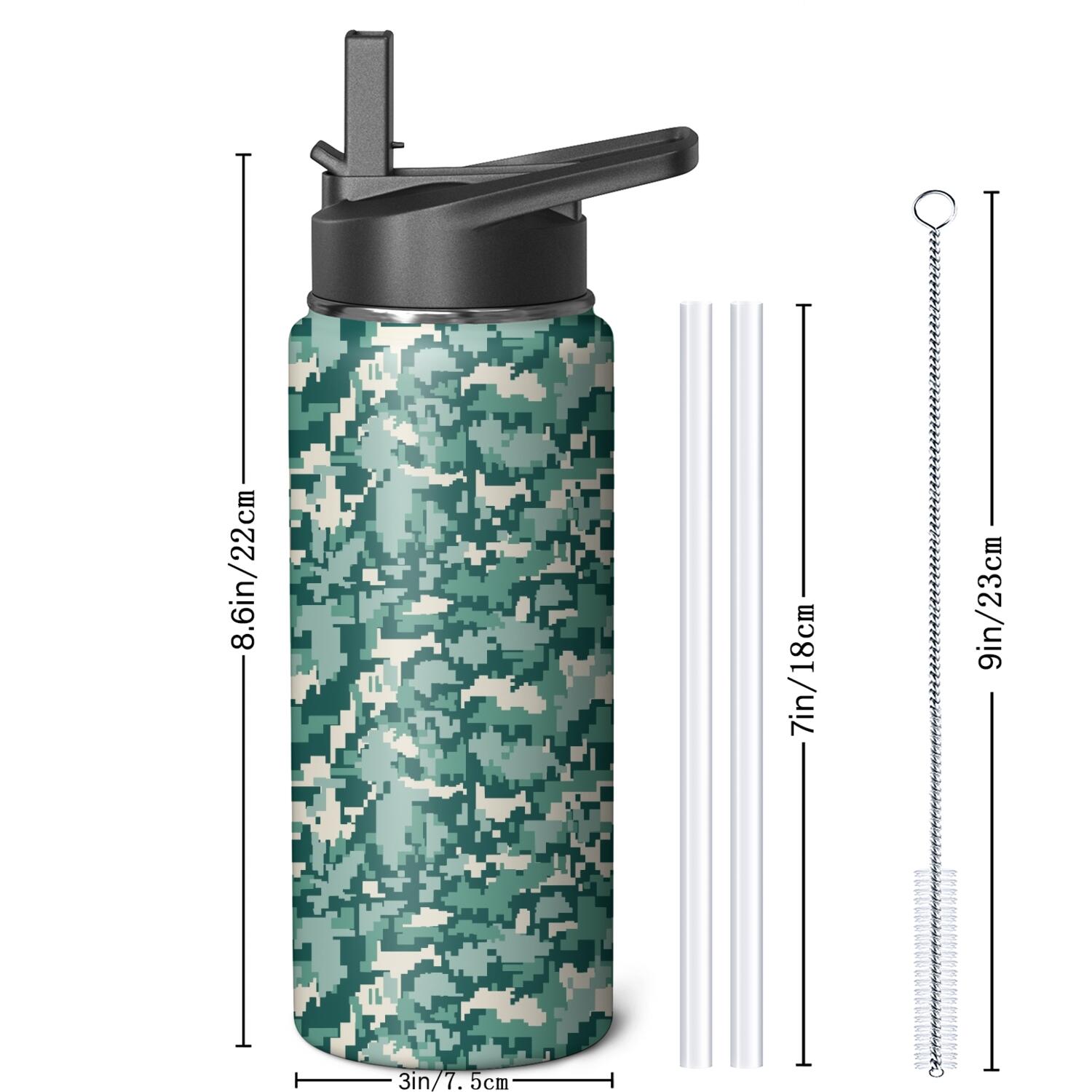 Camouflage Insulated Stainless Steel Water Bottle with Straw & Cleaning Brush – 18/32/40 Oz | Leakproof, BPA-Free, 304 Stainless Steel, Wide Mouth, Travel Mug for Car, Gym, Office