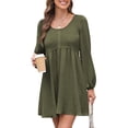 thumbnail image 2 of Vestido Corto Informal de Mujer con Cuello Redondo Fruncido, Botones, Larga y Cintura Entallada Verde L, 2 of 8
