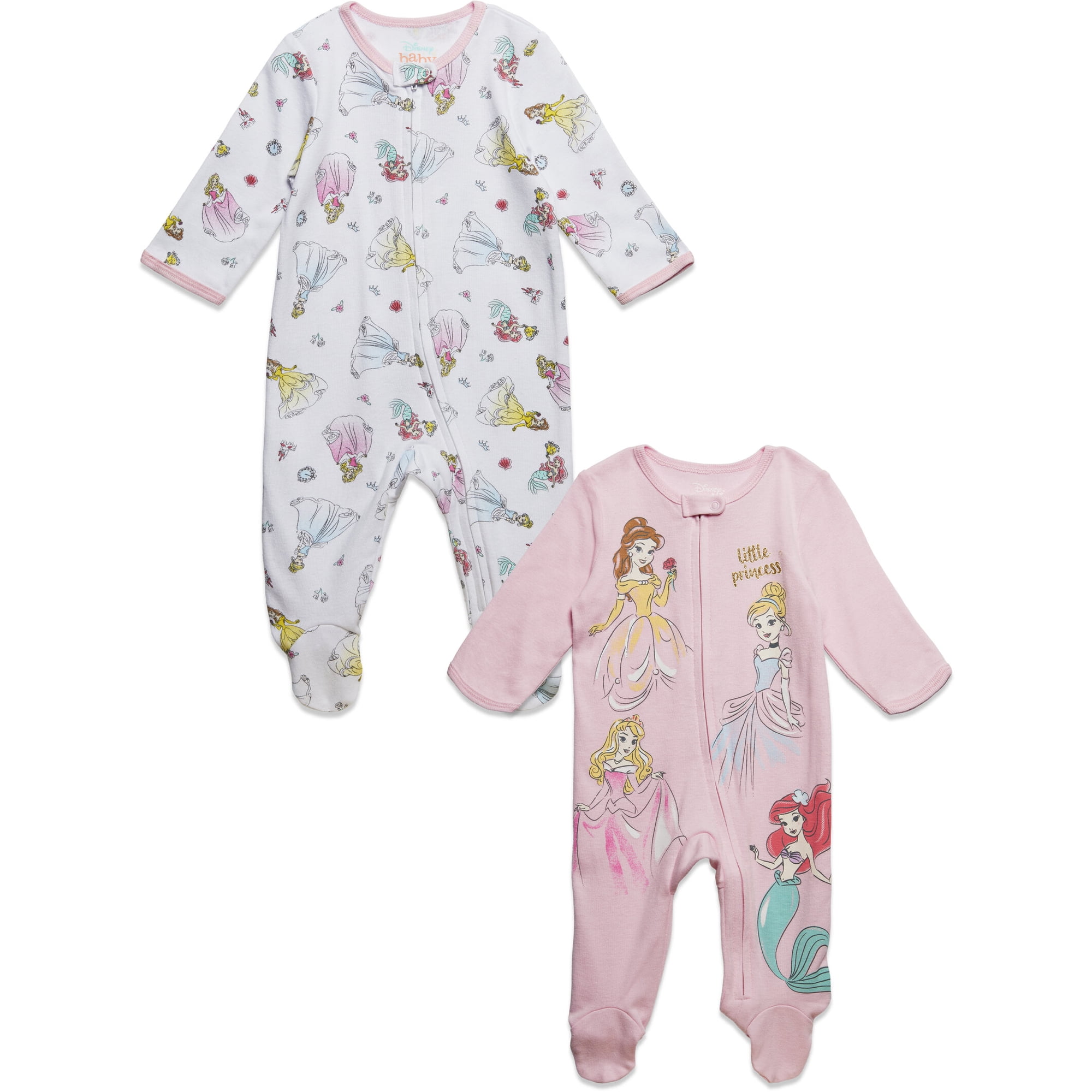 Disney Princess Baby Girls' 2-Pack Footed Sleep N' Play Pink White