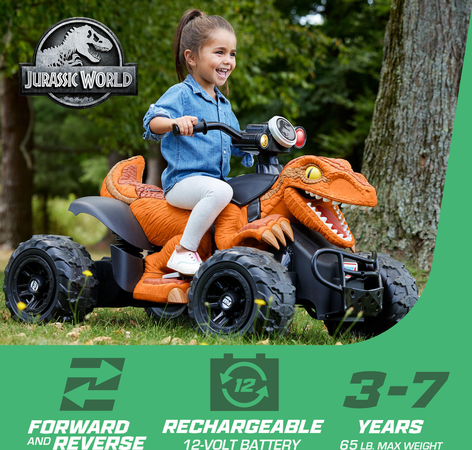 12V Power Wheels Jurassic World Dino Racer Battery-Powered Ride-On ATV Dinosaur Toy, Orange - image 3 of 7