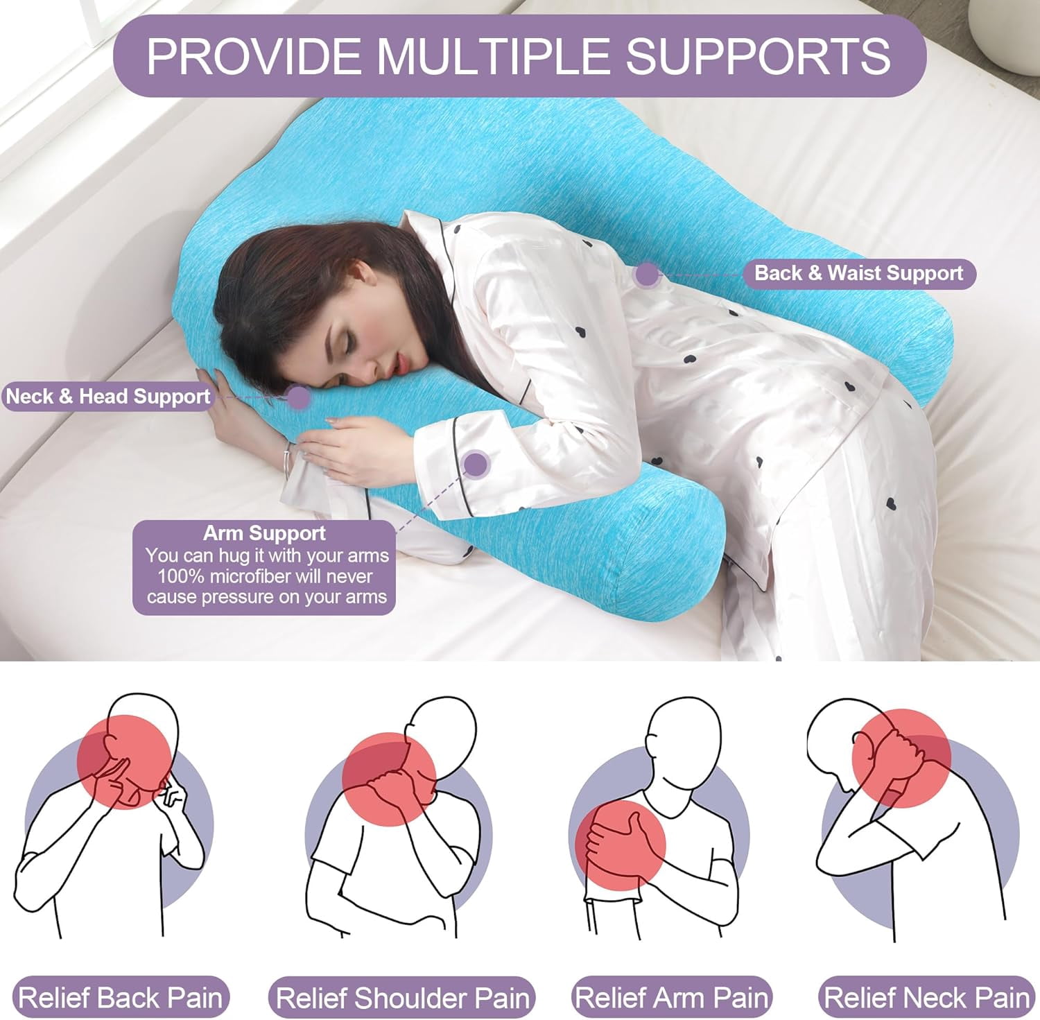 Cooling U Shaped Pillow for Neck, Contour Shoulder Pillow for Side Sleepers, Ergonomic Body Pillows for Adults, Hug Pillow with Washable Cover for Back, Shoulder Pressure Reduce (Light Blue)