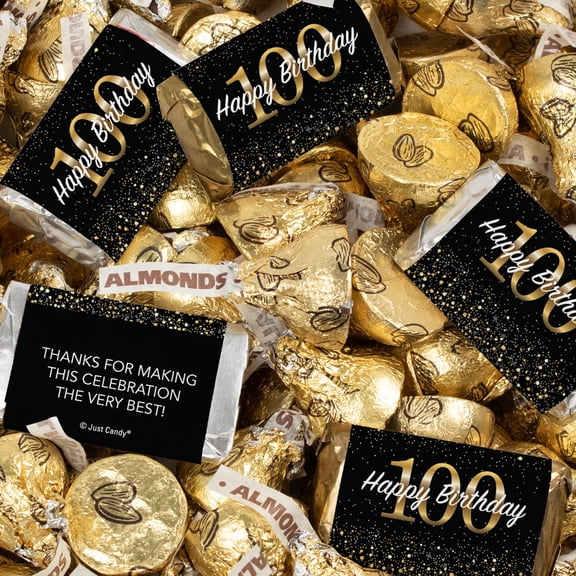 124 Pcs 100th Birthday Candy Party Favors Hershey's Miniatures & Gold Almond Kisses (1.52 lbs)