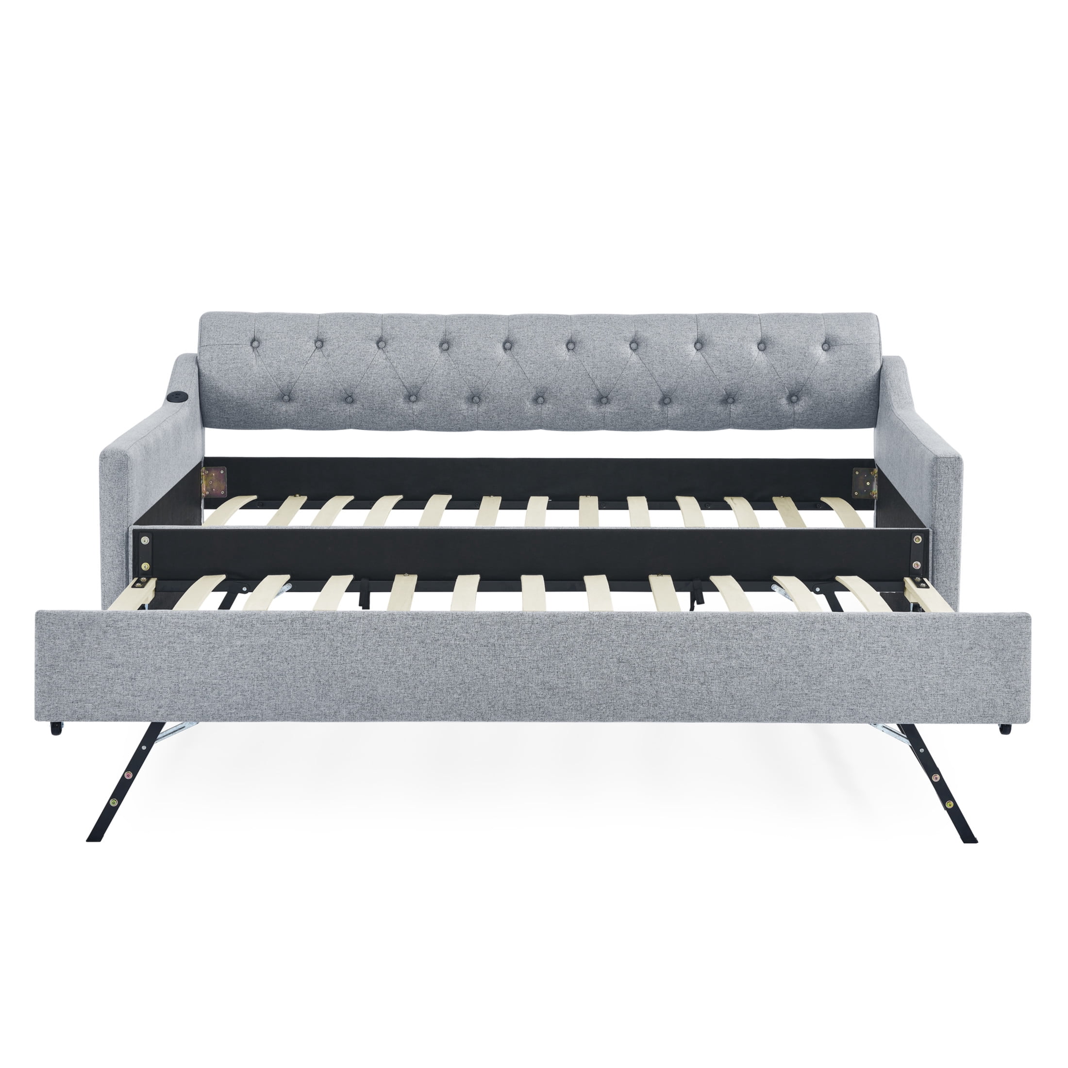 Noble House Carola Twin Size Linen Upholstery Daybed, Mid-Century Tufted Sofa Bed with Trundle and Charging Port, Gray
