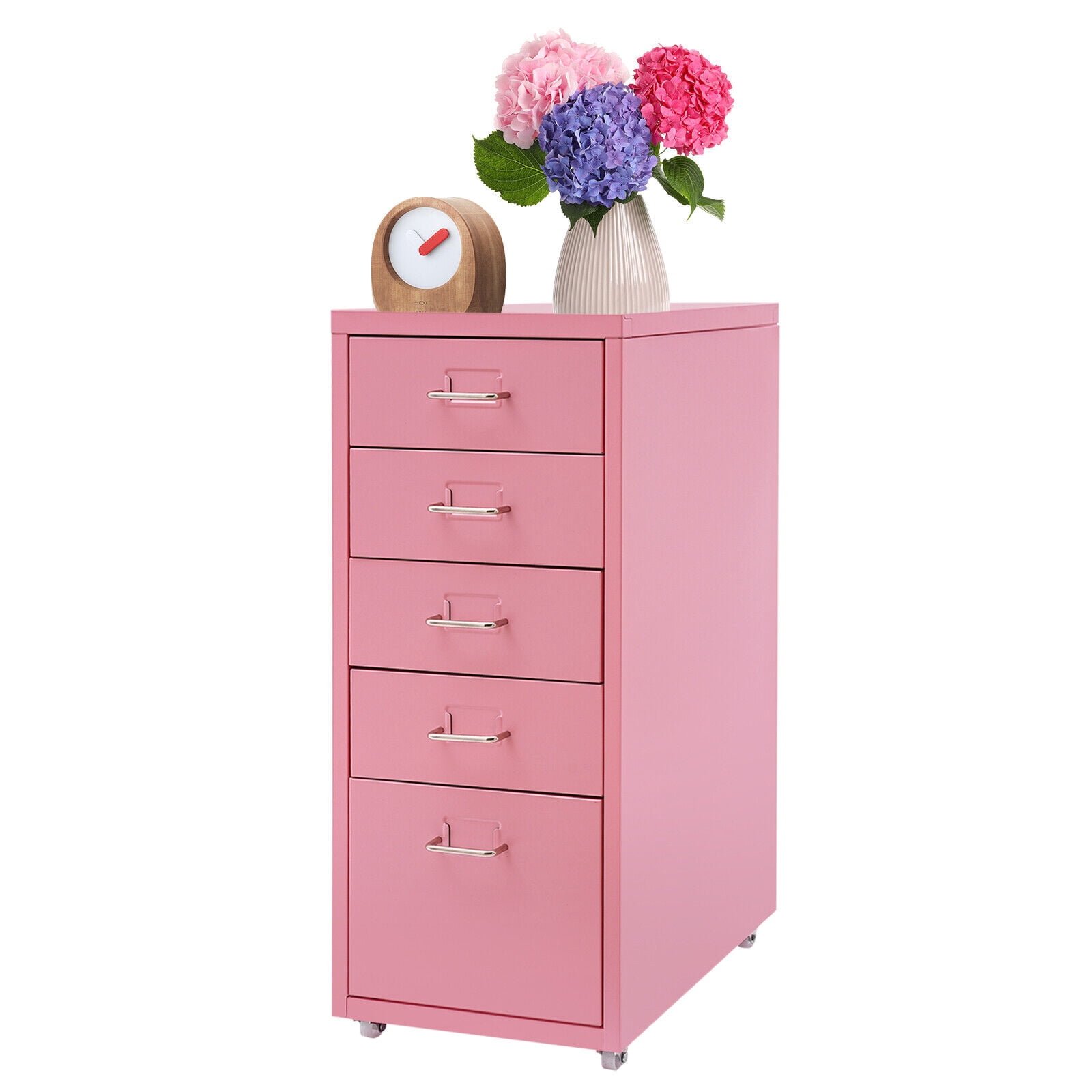 Metal File Storage Cabinet 5 Drawer Under Desk Filing Cabinets with Wheels Pink