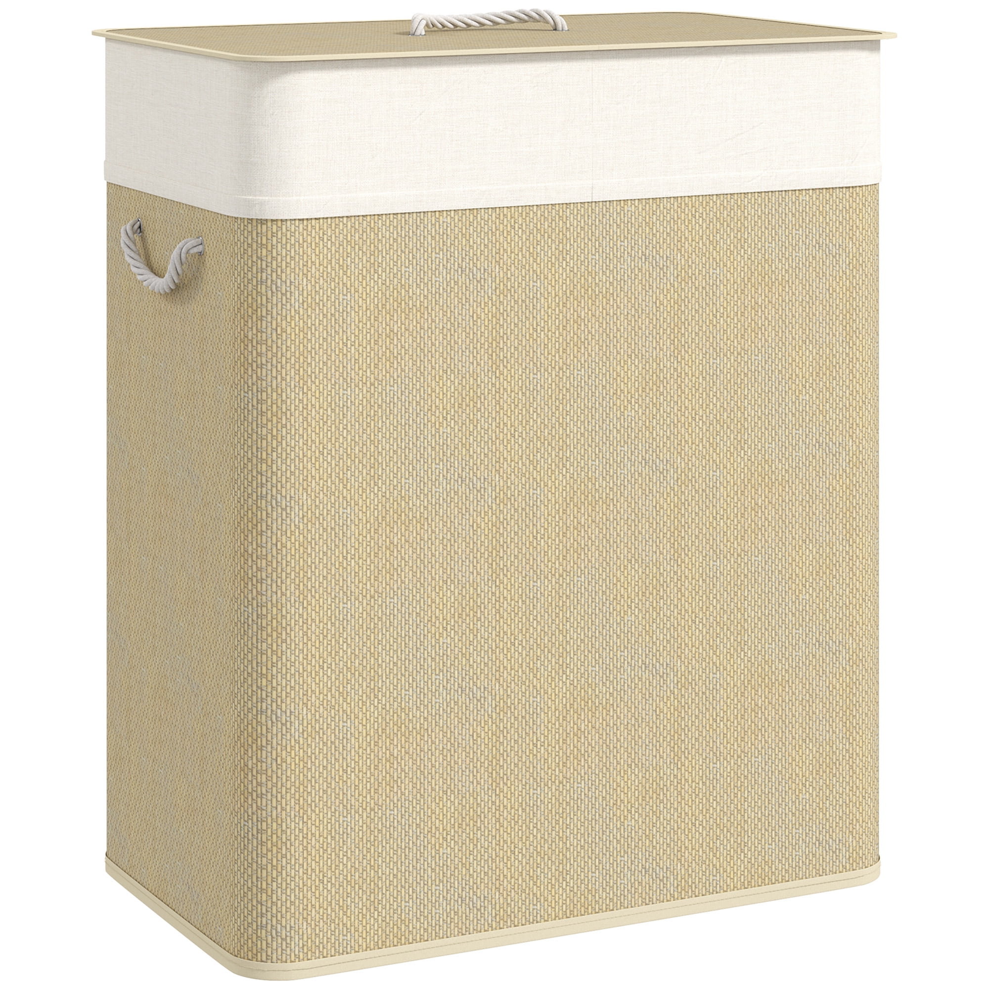 HOMCOM Double Laundry Basket with Lid, 26.4 Gallon Bamboo Laundry Hamper with Rope Handles, Clothes Hamper with Removable Liner for Bedroom, Natural