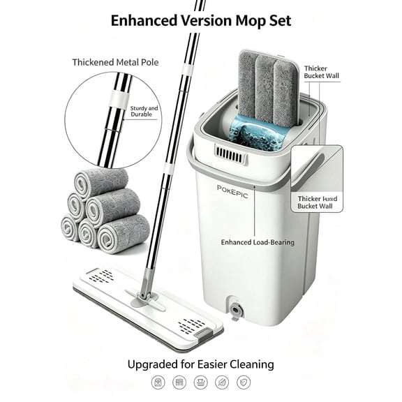 1PC Upgrade Mop And Bucket With Wringer Set, Flat Floor Cleaning Mop System With 6 Reusable Microfiber Pads, Wet Dry Household Cleaning Tool, Durable Floor Mop For Kitchen Bathroom Home Essentials,