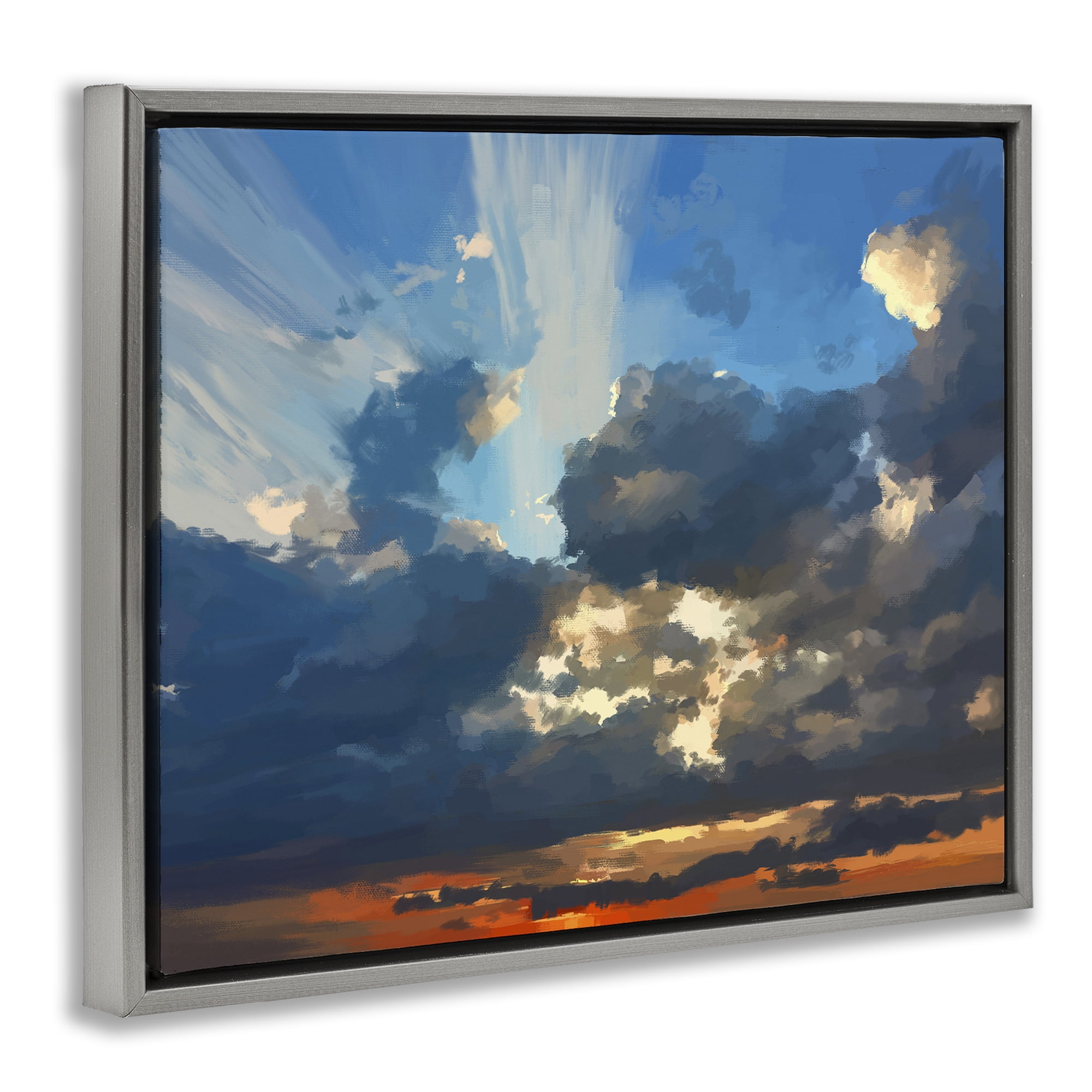 Stupell Industries Sun Rays Through Clouds Landscape & Nature Painting Gray Floater Framed Canvas Art Print Wall Art, 21 x 17