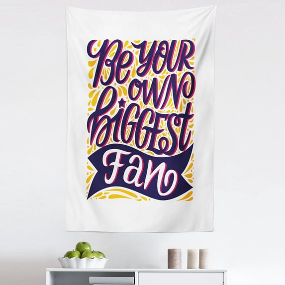 Be Your Own Biggest Fan Tapestry, Modern Design Square Style Wording Art Self-love Saying, Fabric Wall Hanging Decor for Bedroom Living Room Dorm, 5 Sizes, Indigo Magenta Orange, by Ambesonne