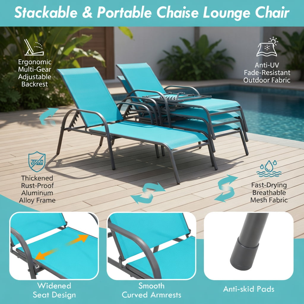 Hommoo 2-Pack Adjustable Outdoor Chaise Lounge Chairs, Sun-Resistant Fabric with Steel Frame, 5-Position Reclining Backrest for Patio, Poolside & Backyard, Turquoise