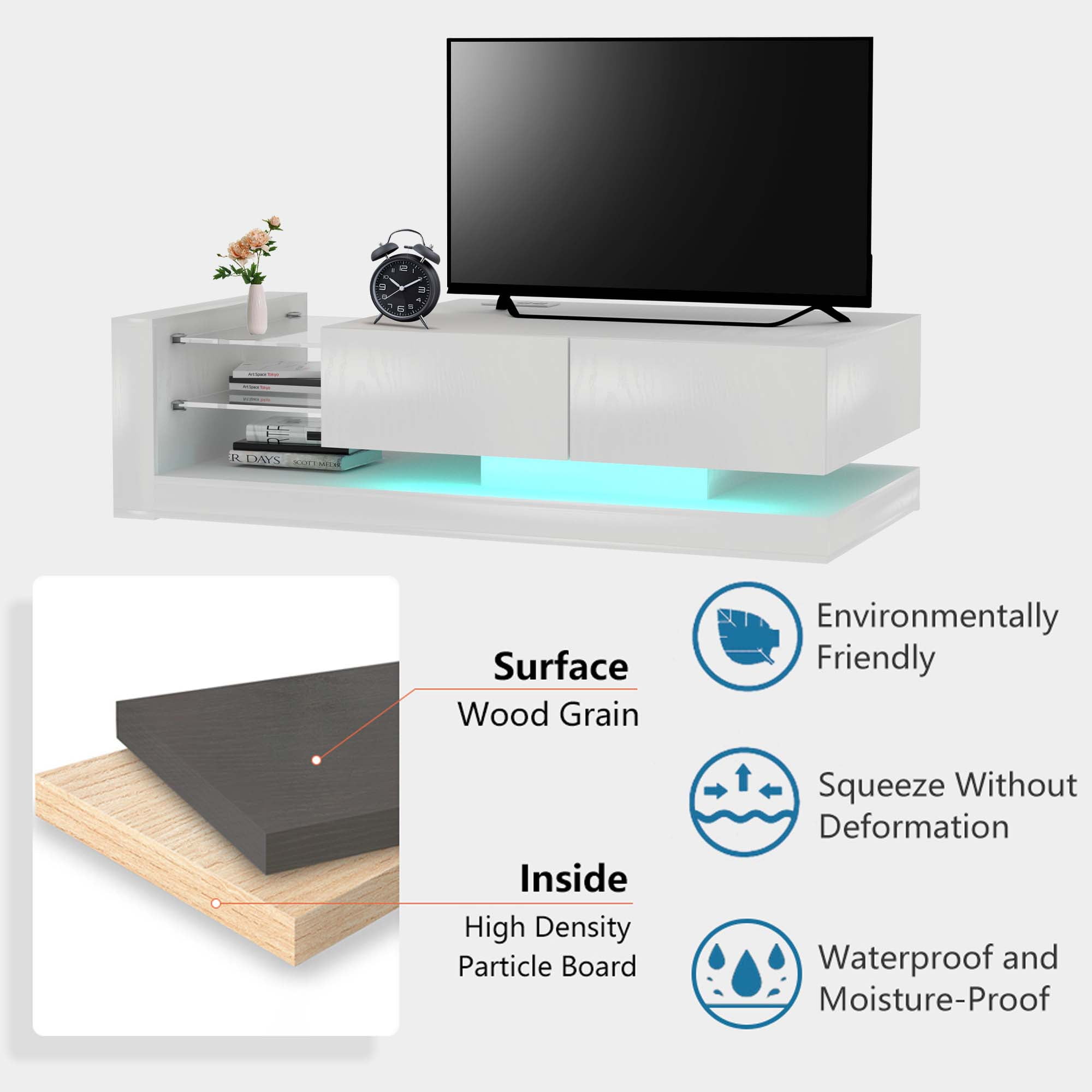 Aukfa Modern TV Stand for TVs up to 75",  TV Console Table, LED Lights, Power Outlets - White