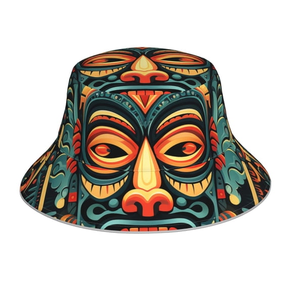 Reflective Bucket Hat Sun Hats Outdoor Travel Beach Packable Cap , Hawaiian Tiki Tribal Retro Art