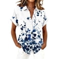 thumbnail image 2 of Bbyeadc Short Sleeve Button Up Shirts for Women Round Neck Top Floral Print Curved Hem Top Casual Loose Spring Shirts with Pocket,Dark Blue(S), 2 of 6