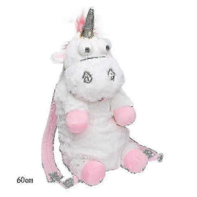 large unicorn backpack cartoon backpack children's school bag mochila unicornio grande de felpa blanca con cuerno dorado y ojos bordados; vista frontal centrada del cuerpo relleno (60cm) con patas y tirantes rosados acolchados, adecuada para escuela infantil y suele utilizarse también para guardar peluches en viaje.