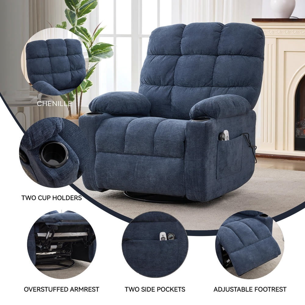 GVN Manual Rocker Recliner with Heat Massage, Swivel Motion, Durable Fabric for Lounge, Blue