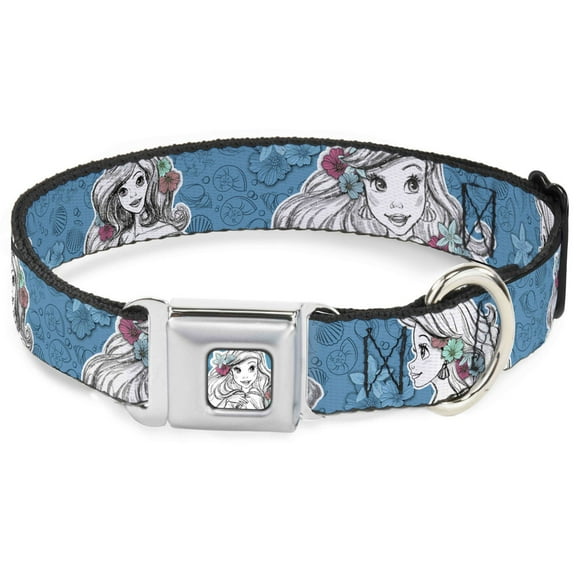 Disney Pet Collar, Dog Collar Metal Seatbelt Buckle, Ariel Poses Shells Sketch Blue White, 16 to 23 Inches 1.5 Inch Wide
