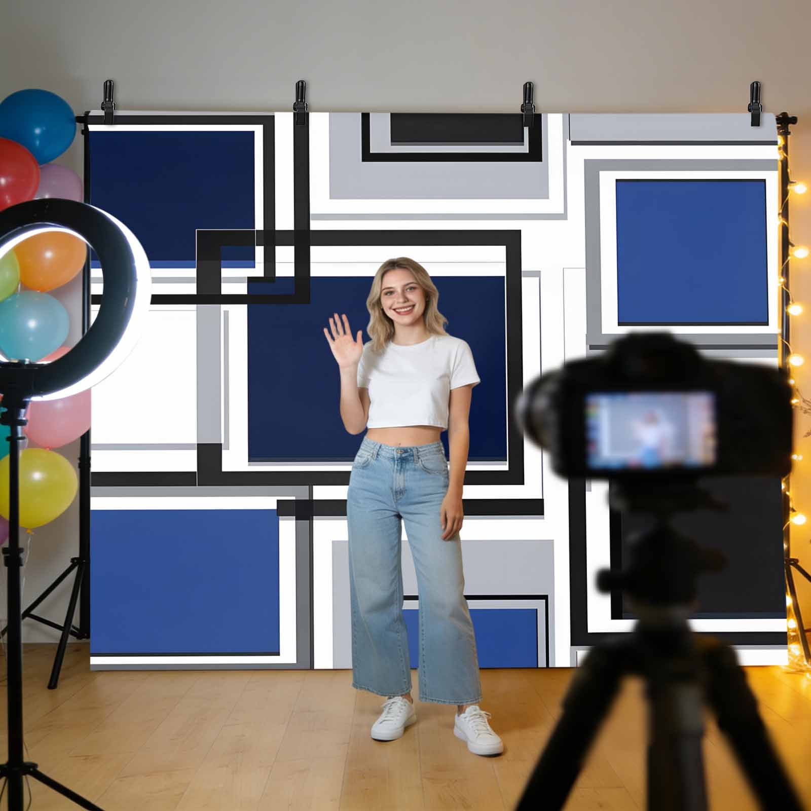 Space Design Sense Backdrop for Photography, Black Blue Suqare Stitching Photo Backdrop Portrait Background Party Banner Photo Backgrounds for Studio Booth Props, 7x5ft