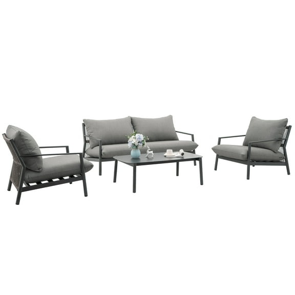4 Pieces Patio Furniture Sets Outdoor Conversation Set Rope Wicker Sofas Patio Aluminum Couch with Glass Coffee Table
