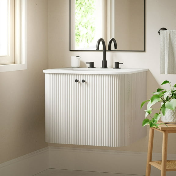 Modway Zia 24" Wall-Mount Bathroom Vanity with Marble Sink in Ivory