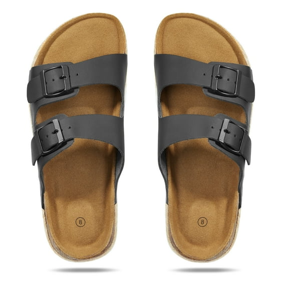 DSOLE Womens Sandals 2 Strap Adjustable Metal Buckle Slip on Sandals Open Toe Slide Sandals for Women Black 10