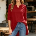 thumbnail image 2 of Women's Plus 3/4 Sleeve Flowy Tunic Tops Notch V Neck Loose Fit Soft Stretch Blouse Side Pockets to Wear with Leggings Fall Clothes, Red, XL, 2 of 8
