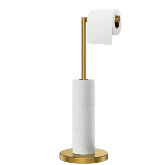 Toilet Paper Holder Stand, Modern Free Standing Tissue Roll Holder for Bathroom, Durable  304 Stainless Steel and Weighted Base Toilet Paper Stand, Storage for 4 Rolls, Bed Gold