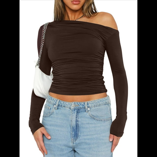 Blusa Informal de Larga con Cuello y Hombros Descubiertos para Mujer, Ajustada, para Salir, Estilo Y2K Color Café M