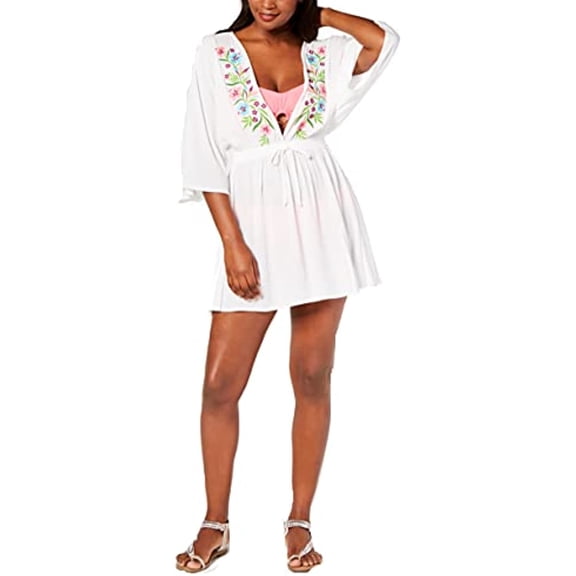 Miken Women's Juniors' Embroidered Kimono Cover-Up (White, Large)
