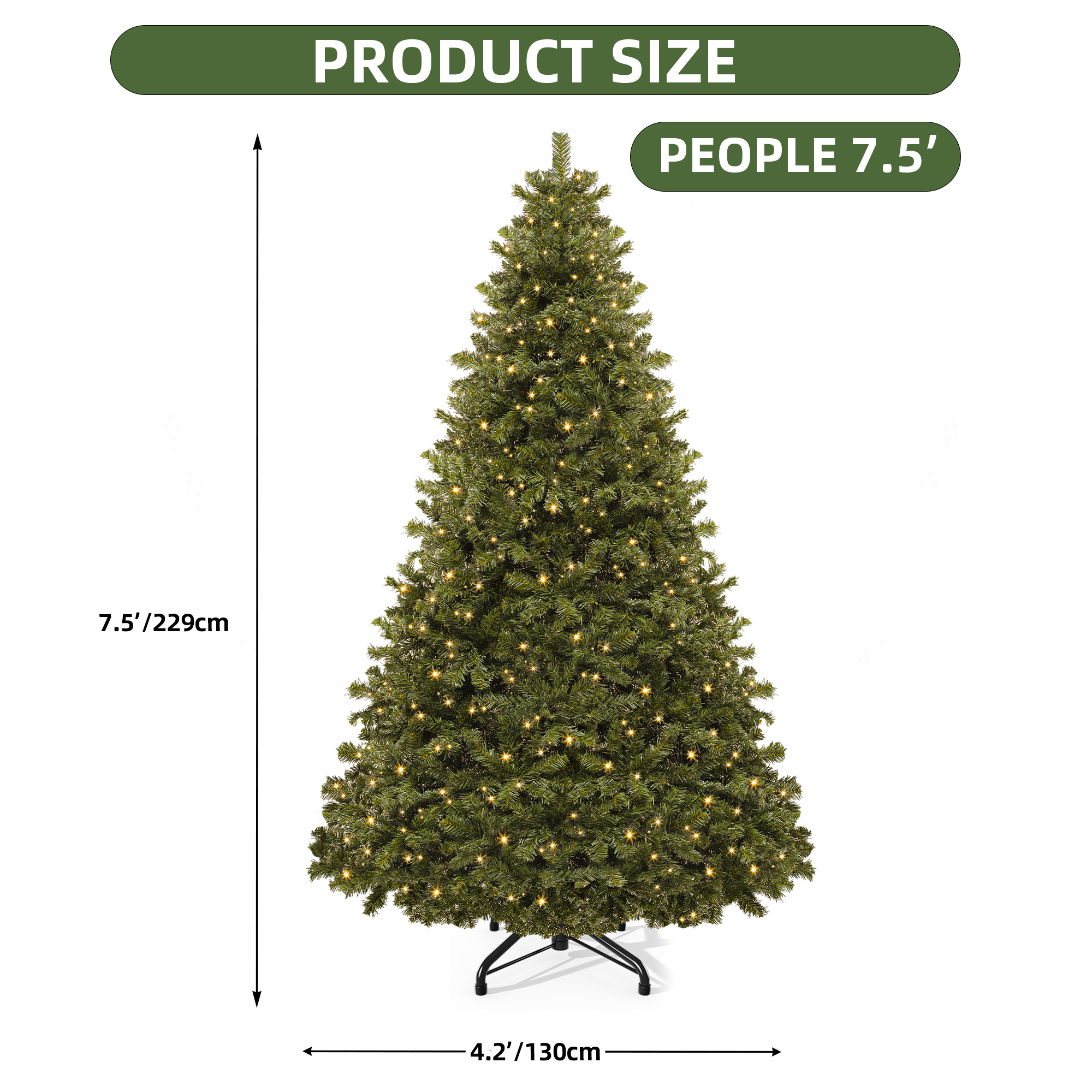 Uforic 7.5ft Pre-lit Hinged Spruce Artificial Christmas Tree with 1450 Branch Tips & 550 Lights, Remote Control, 11 Light Modes, Green