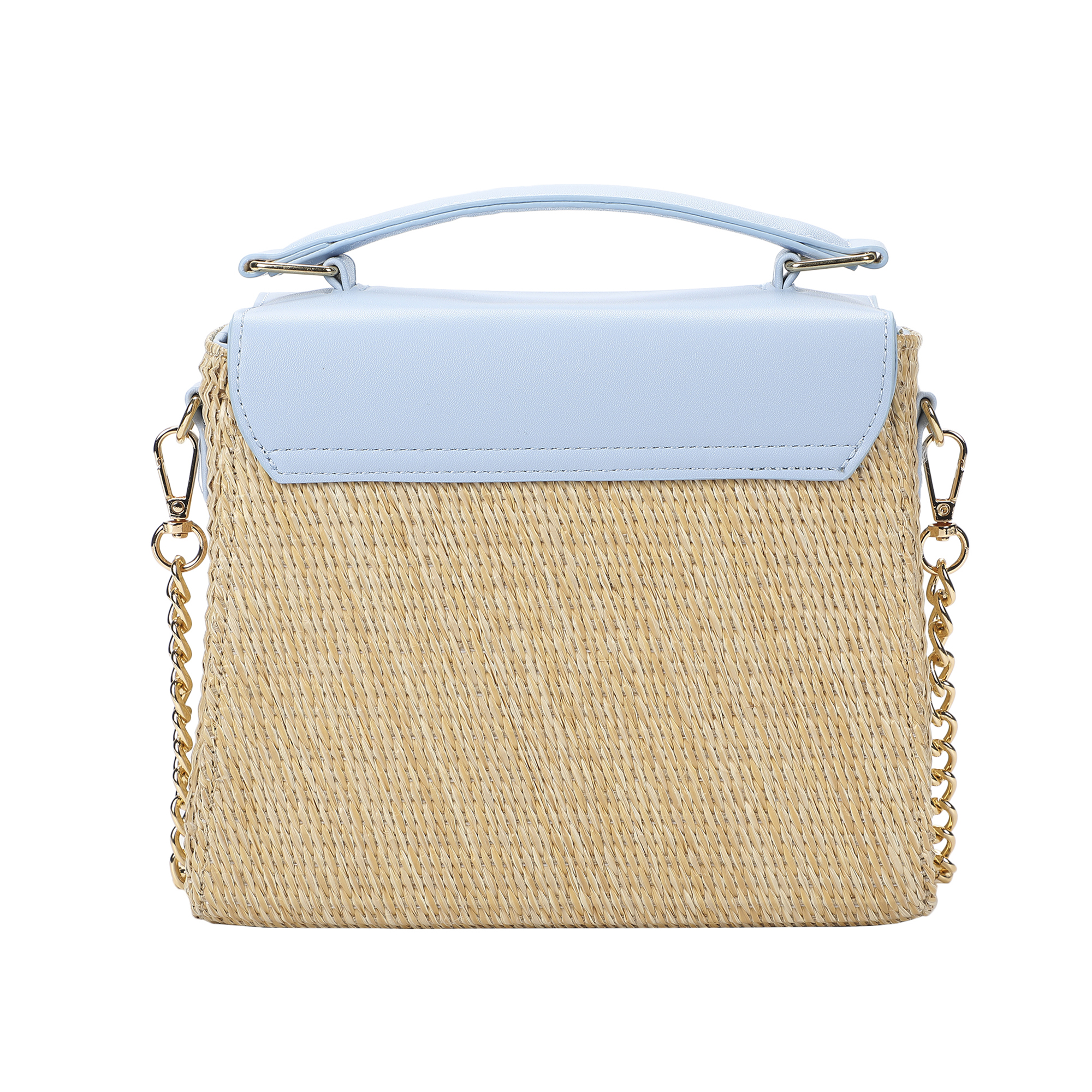 Packed Party Women's Woven Straw Crossbody Bag with Faux Leather Scallop and Chain Strap, Blue