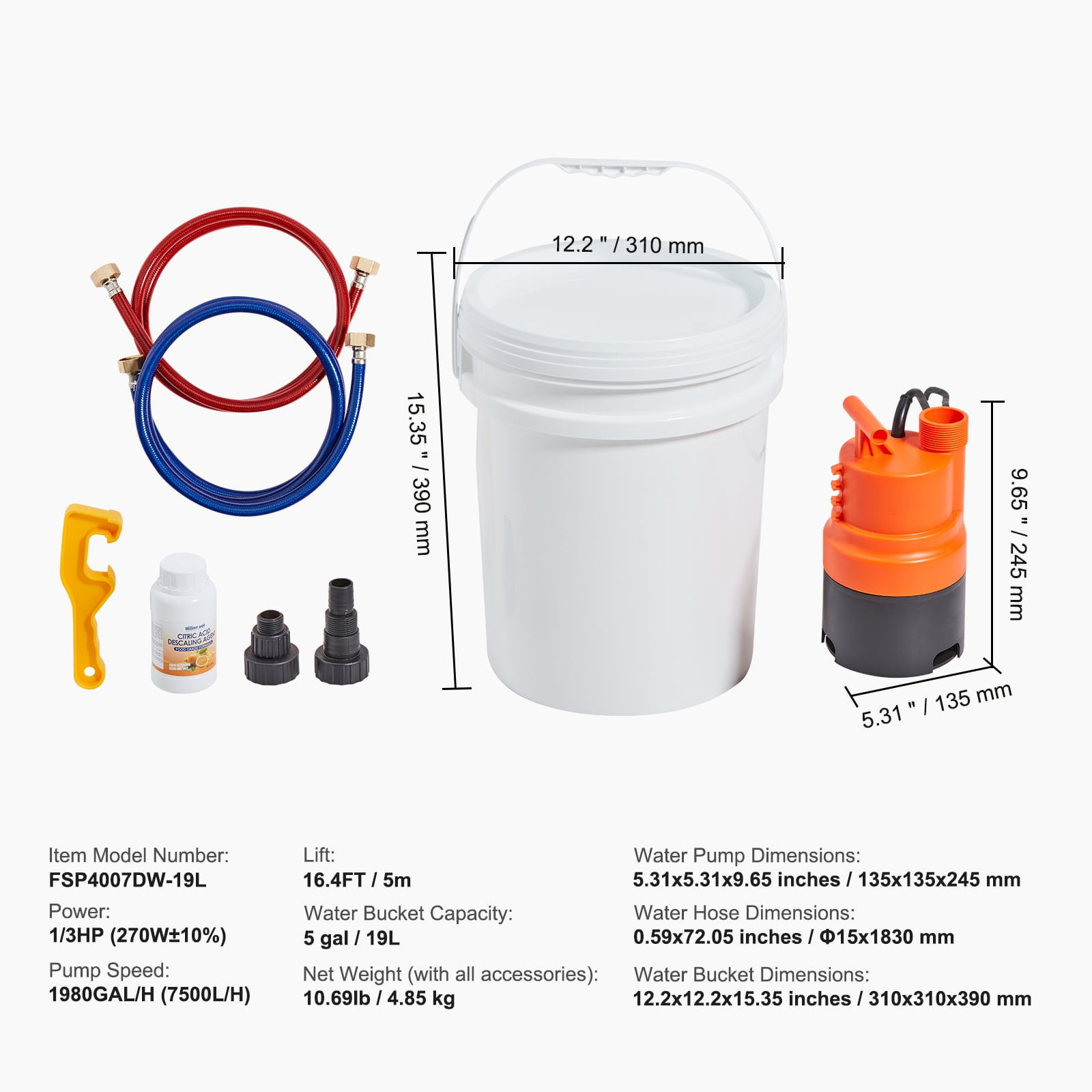 KFFKFF Water Heater Flush Tankless Kit with Pump and 5 Gallon Bucket and Descaling