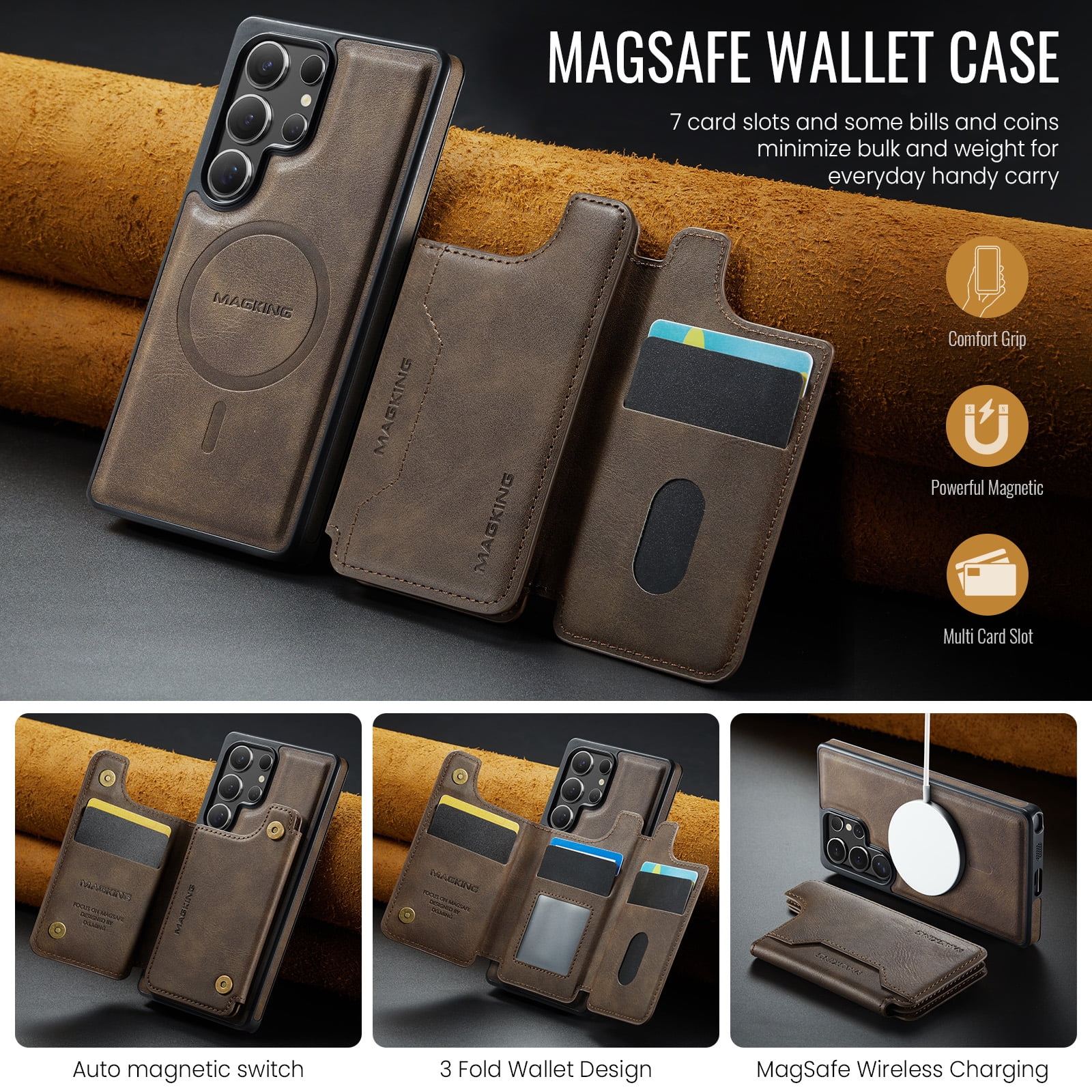 Designed for Samsung Galaxy S24 Ultra Wallet Phone Case,Magnetic Detachable Flip Card Holder,Back Flip Kickstand,Compatible with Mag-Safe,2-in-1 PU Leather Heavy Duty Shockproof Phone Case,Coffee
