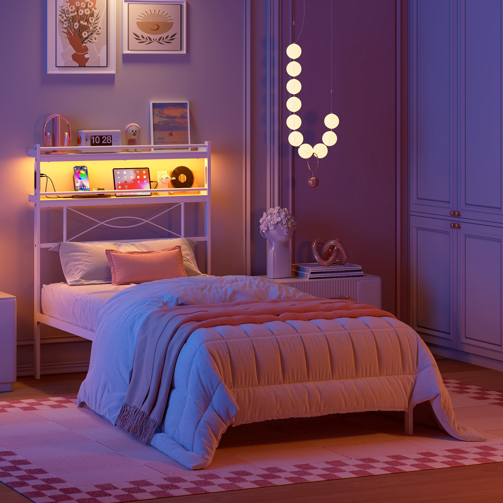 Yoneston Twin Size Power Outlet LED Light Metal Platform Bed Frame with 2-Tier Storage Headboard for Girls Kids Teens Bedroom, White