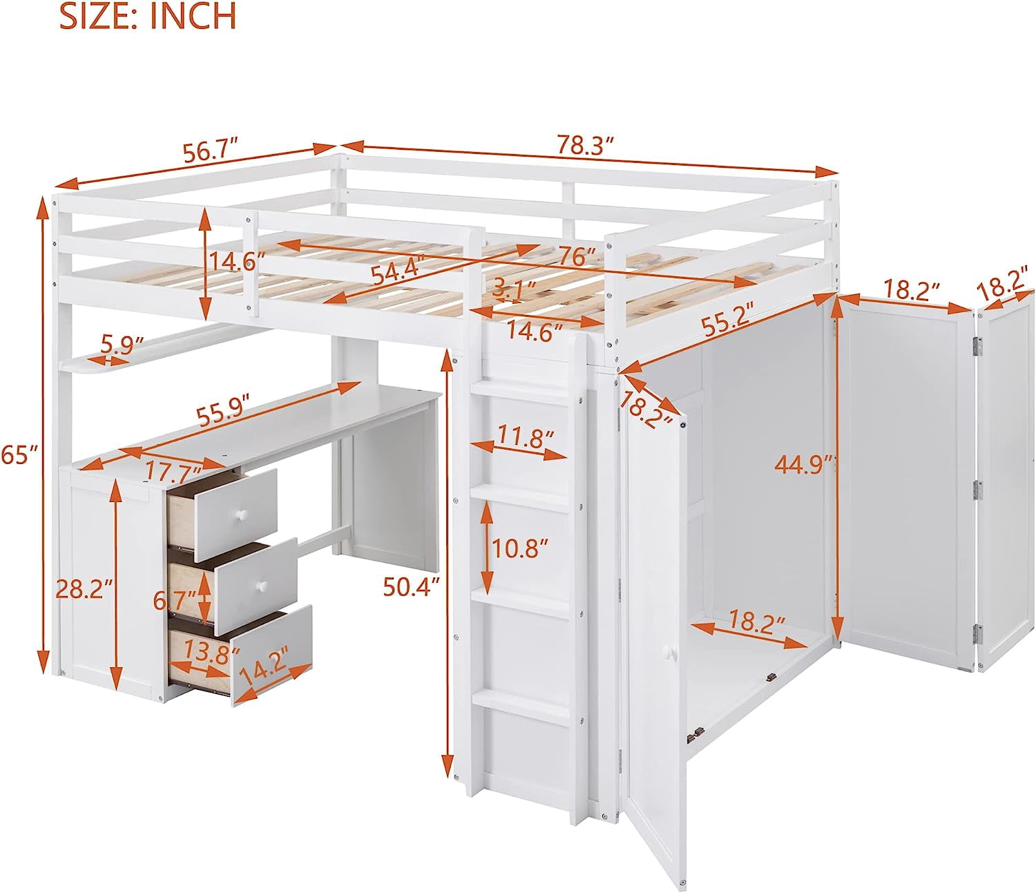 DEALTOPS Full Size Loft Bed with Wardrobe, Wood Loft Bed Frame with Desk 3 Storage Drawers Shelf Space Saving Platform Bed - White