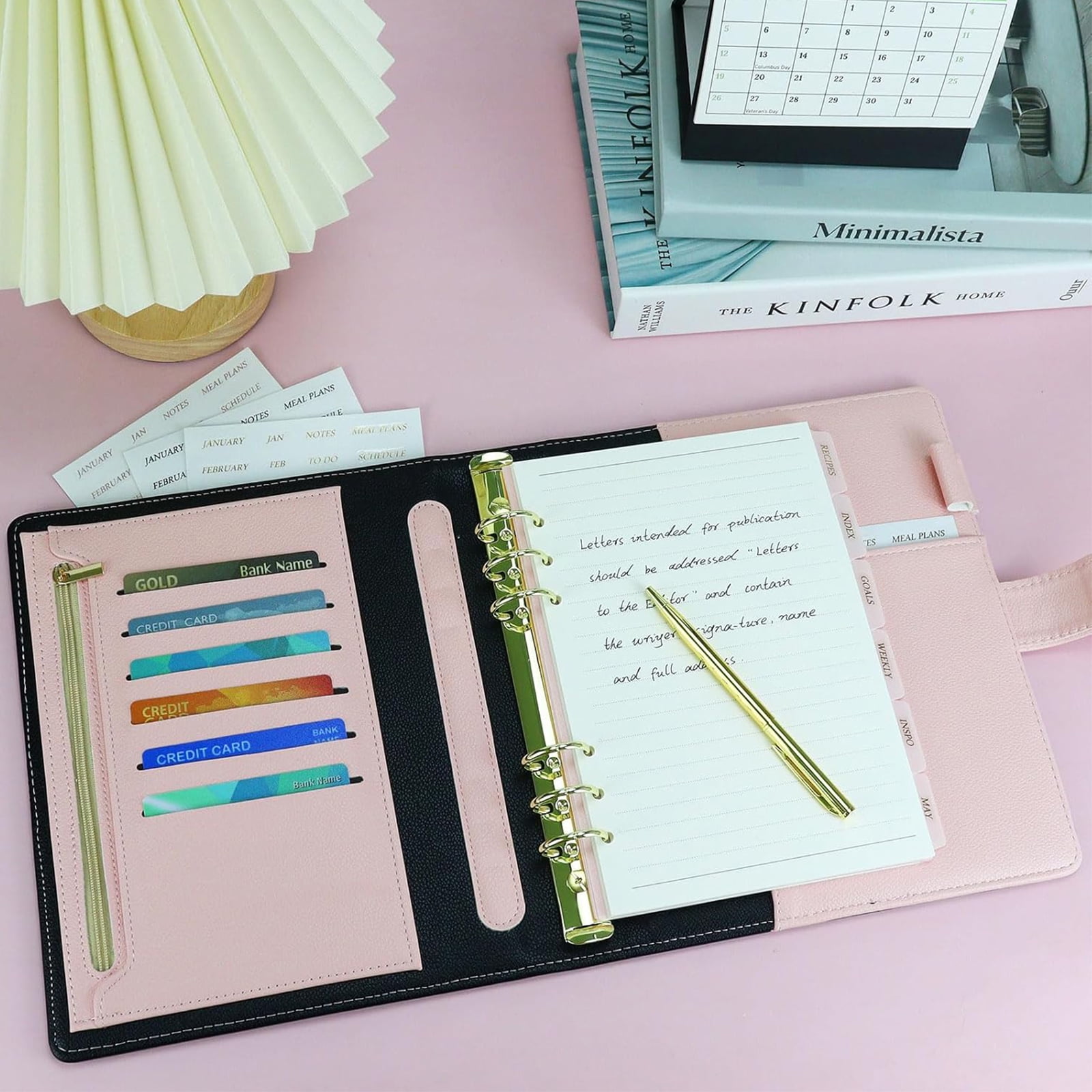 Multibey A5 Leather Binder Cover - Refillable 6-Ring Planner Organizer with Refill Paper, Dividers, Gold Pen & 3 Stickers, Leather Travel Journal Notebook Cover (Black & Pink)