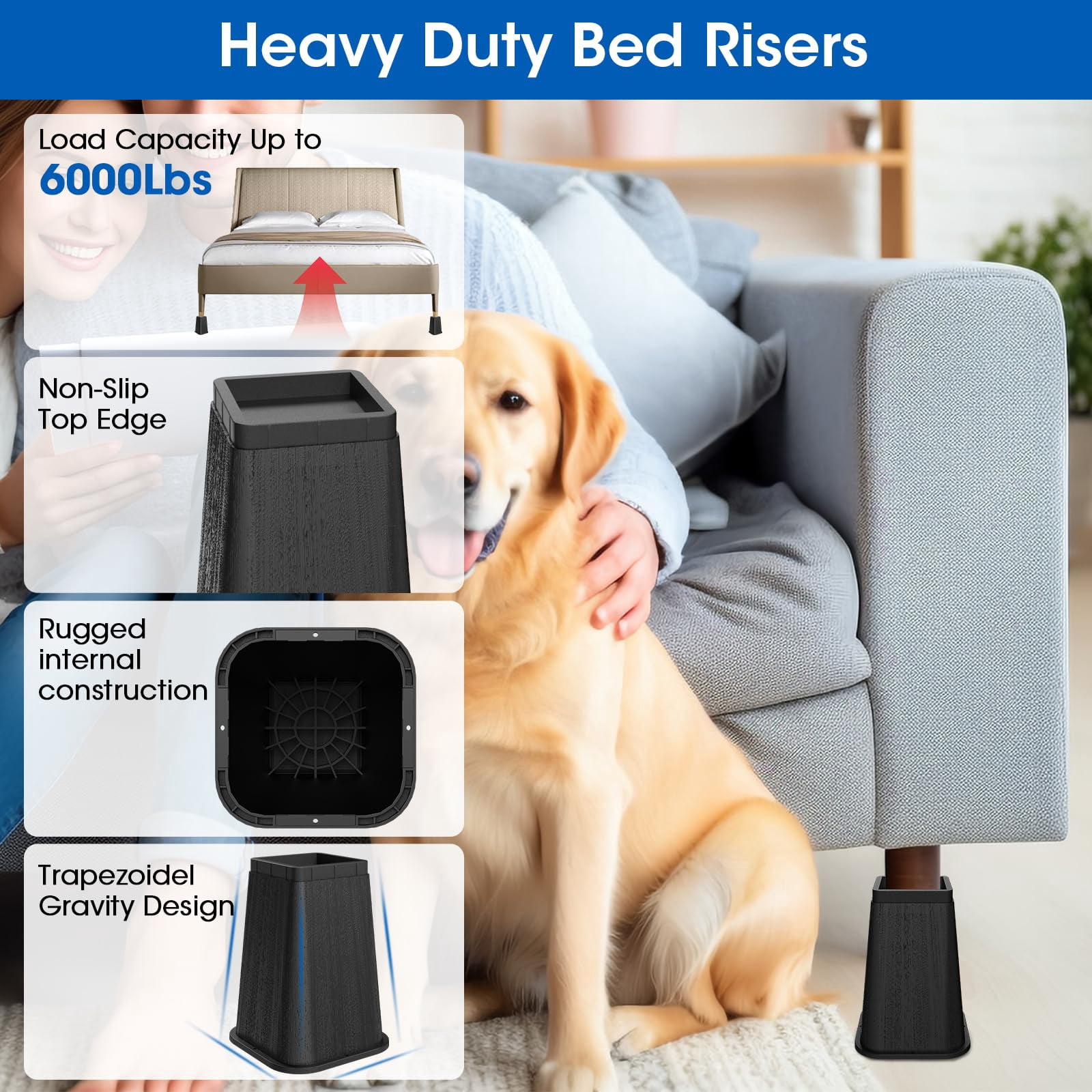 Bed Risers 8 Inch Heavy Duty, Furniture Risers Lifts Supports Up to 6,000 Lbs for Table, Desk Leg, Sofa, Couch