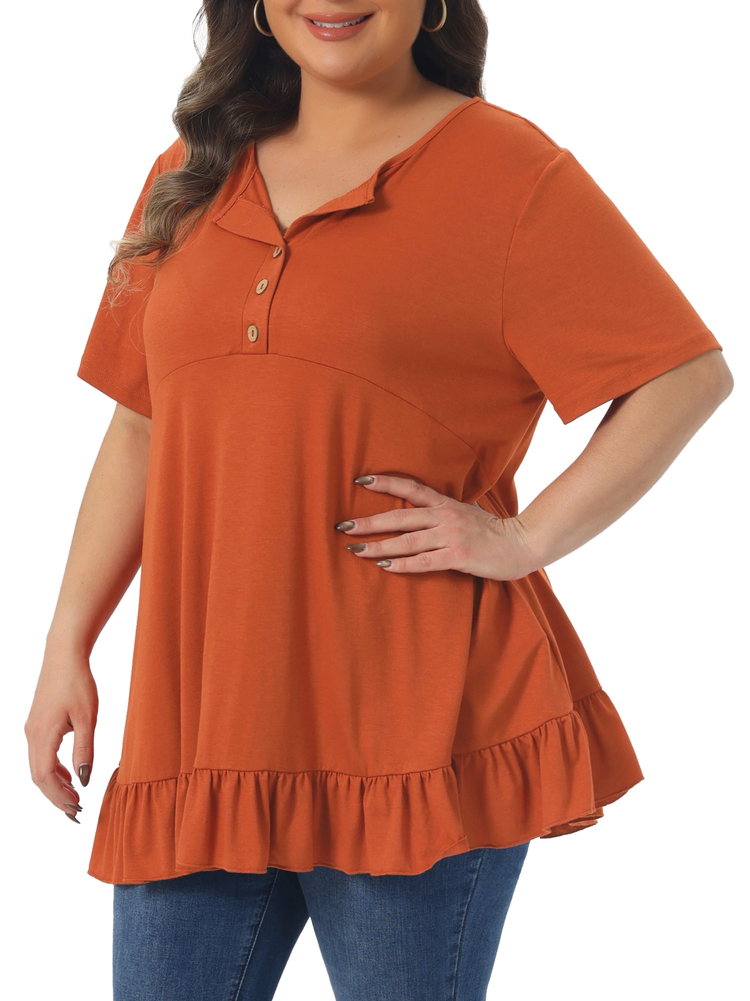 Women's Plus T Shirts Henley V Neck Button Up Short Sleeve Ruffled Hem Blouses Tops 4X Caramel