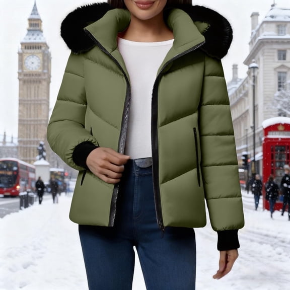 Women's Winter Warm Cotton-padded Coat, Single-breasted Zipper Cotton-padded Coat Army Green L