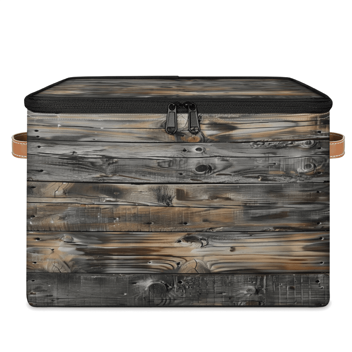 CURLYOOT Vintage Wood Texture Fabric Storage Bins with Lids, Foldable Storage Boxes Washable Storage Cube, Closet Bedroom Home Organizer Containers with PU Leather Handles