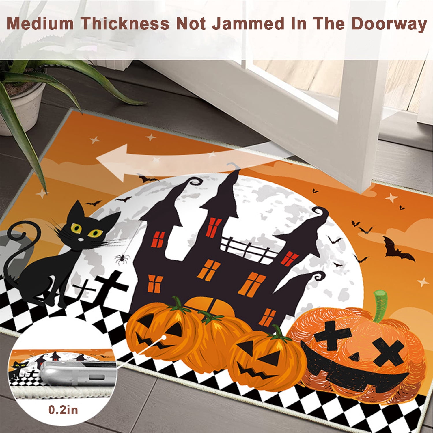 Halloween Doormat Pumpkin Pattern Floor Mat Black Cat 16*24 Non Slip Seasonal Halloween Kitchen Rug, Machine Washable Indoor Rug for the Floor Orange