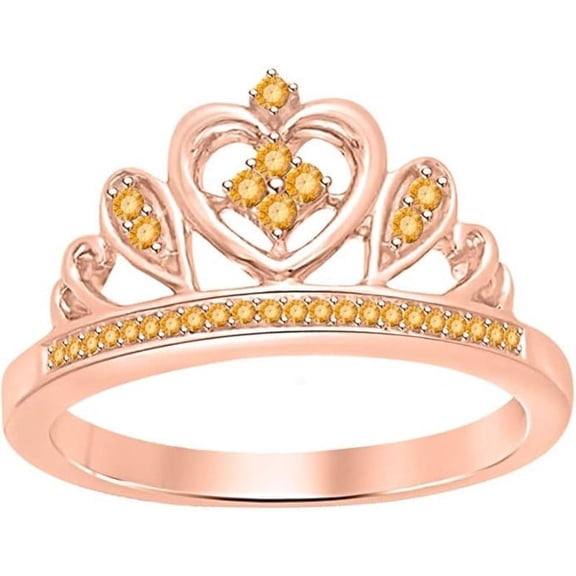 Engagement Wedding 925 Sterling Silver 14K Rose Gold Plating Round Cut Citrine Tiara Queen Crown Heart Shaped Ring For Women