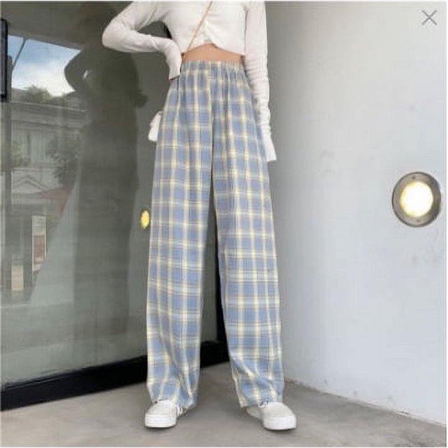 Pantalones a cuadros de seda de hielo Pantalones rectos verticales de verano para mujer Pantalones de pijama holgados de color rosa Pantalones anchos a cuadros de cintura alta y finos