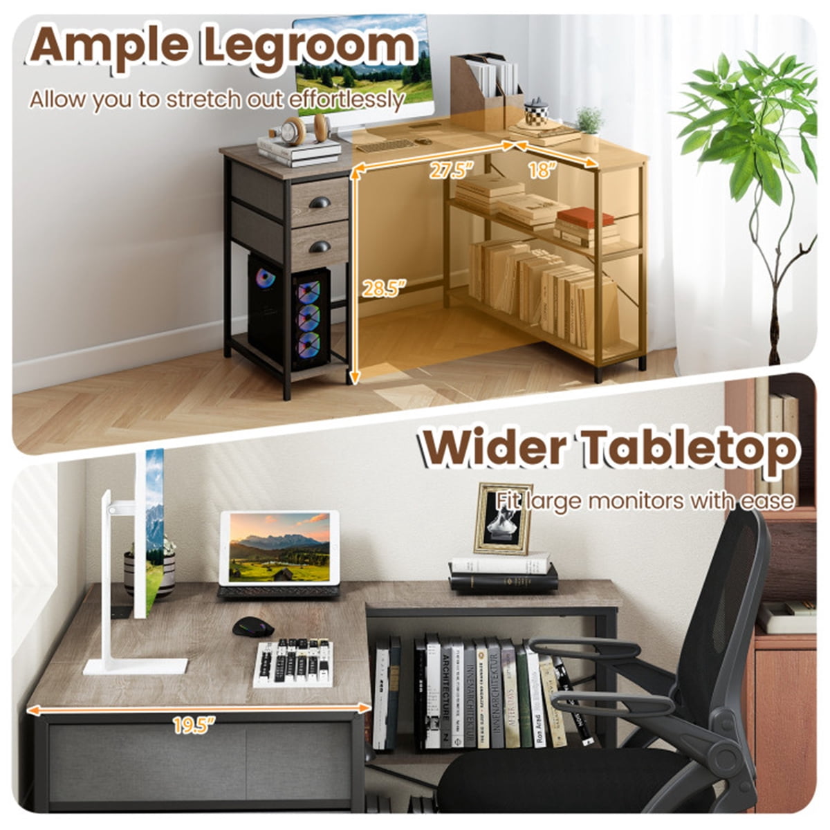 L Shaped Computer Desk with Built in Power Outlet USB Type C Charging Port Home Office Corner Desk with Fabric Drawers Storage Shelves Oak Black