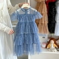 thumbnail image 2 of ZHOUCHANKIDS Little Girl Dresses Contrast Mesh Ruffle Sleeve Birthday Holiday Princess Toddler Tulle Dress Blue 4-5 Years, 2 of 4
